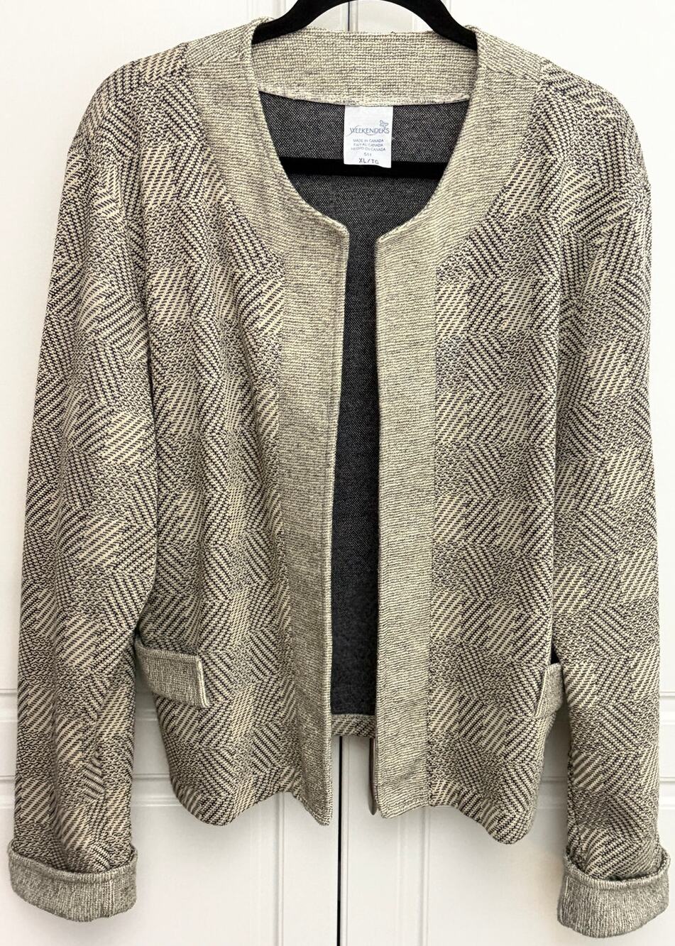 Vintage Weekenders Open Front Cardigan Sweater Tan/Black Herringbone Size XL